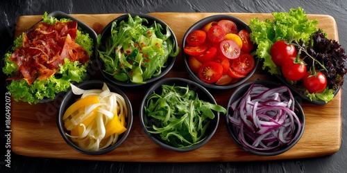 Vibrant bowls of fresh salad ingredients arranged neatly on a wooden board with a dark background