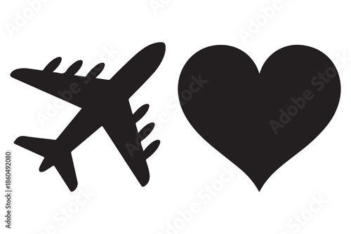 Airplane and heart love travel concept silhouette
