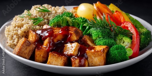 A vibrant vegan Buddha bowl featuring quinoa, broccoli, bell peppers, and marinated tofu, presented on a dark surface with garnishes