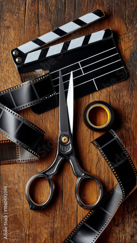 Vintage film editing tools including scissors, a clapperboard, and film strips arranged on a wooden surface