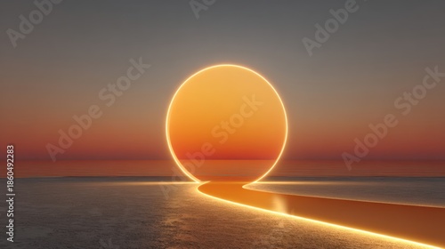 Glowing Orange Circle Portal on Horizon Above Reflective Water and Path abstract bright