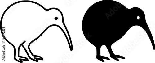 Simple icon, kiwi bird illustration, black and white, outline and silhouette versions