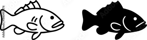 Simple icon, grouper fish illustration, black and white, outline and silhouette versions
