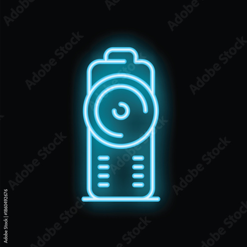 Blue neon sign of a full battery icon, glowing on a black background