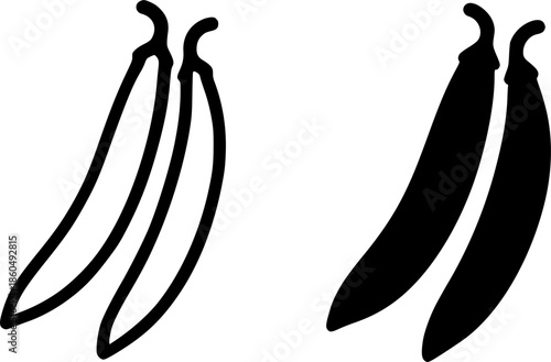 Simple icon, green bean illustration, black and white, outline and silhouette versions