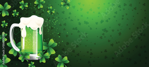 A vibrant green background features a frothy beer mug and scattered four-leaf clovers.
