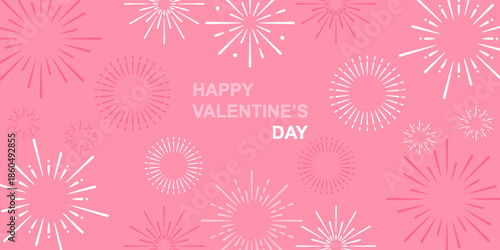Happy Valentines Day text with fireworks and hearts on pink background for greeting card. Romantic celebration banner template.