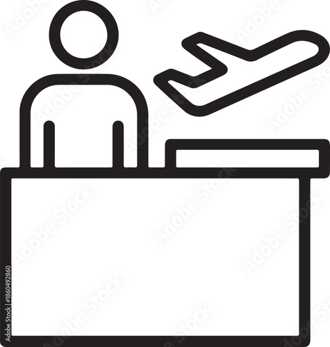 Airport check-in counter icon with passenger and airplane simple vector illustration for travel and transportation concepts isolated on white background