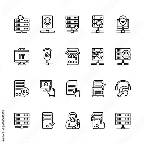 Server maintenance outline icon set vector for IT infrastructure