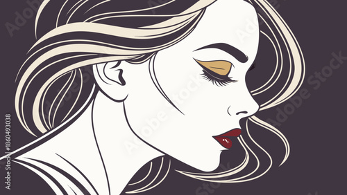 Glamour fashion illustration vector face of woman model with beauty makeup and hairstyle silhouette profile head