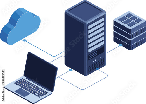 Network computing system icon set, cloud server laptop storage illustration, data architecture vector bundle, graphic IT infrastructure design pack