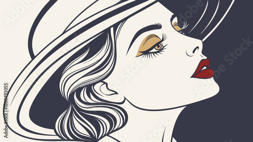Fashion illustration of a beautiful woman with long black hair, sketch style drawing of a glamorous lady face silhouette, icon of female beauty and style