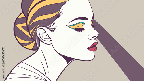 Fashion vector illustration of a woman's face and elegant hairstyle with bold lips and glamorous eye makeup