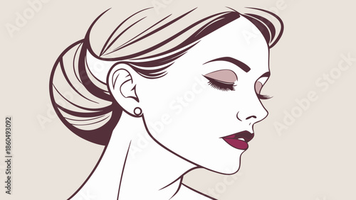 Black and white silhouette vector illustration of a woman's head and face featuring fashionable lips, eyes, and hairstyle