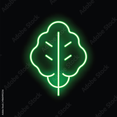 Green neon sign depicting a spinach or kale leaf, isolated on a black background, evoking healthy food and organic products