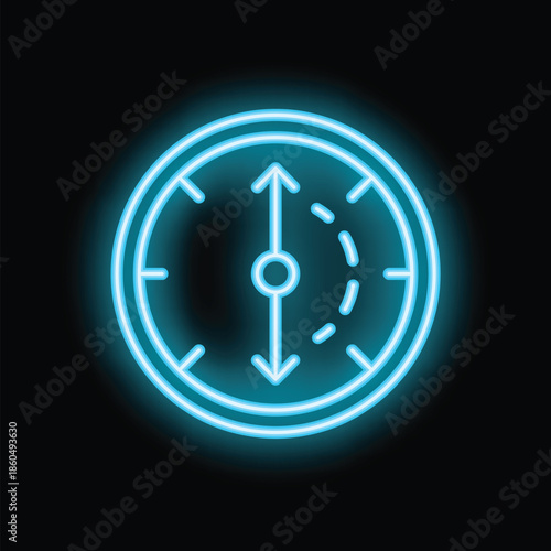 Blue neon clock icon with double arrow showing time passing on black background