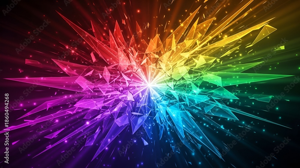 Fototapeta premium Abstract rainbow shards emanating from a bright core create a dynamic explosion