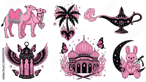 Pink and black vector art featuring camel with heart pendant, ornate palm tree with heart, classic genie lamp, winged lantern, decorative palace with butterflies, crescent moon, and rabbit with hammer