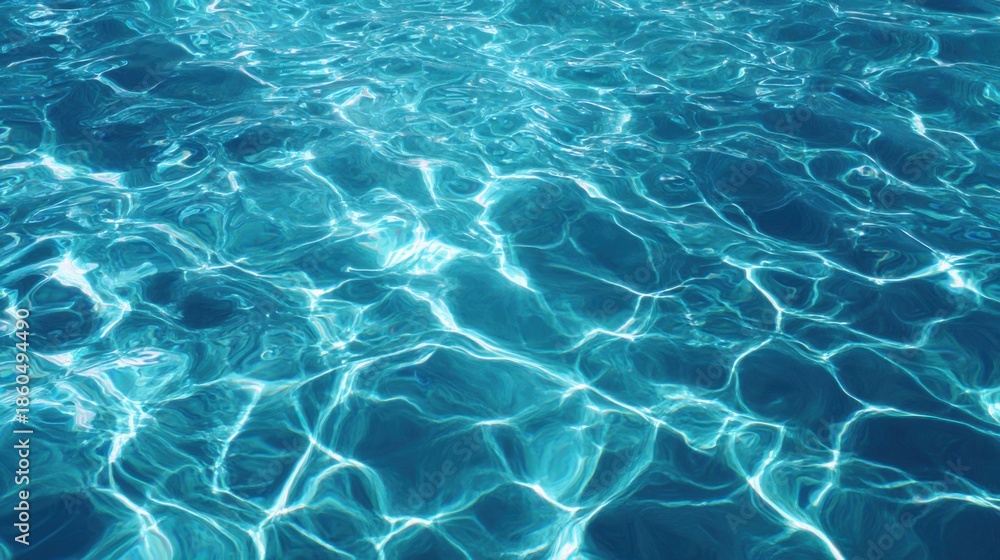 Obraz premium Sunlight reflecting on clear blue water surface for summer background. Natural abstract texture pattern with ripples and light for vacation. Clean transparent aqua backdrop.