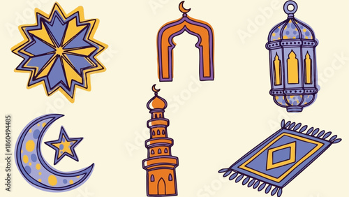 Flat design colorful islamic icons set crescent star mosque arch minaret lantern prayer rug in purple and orange tones