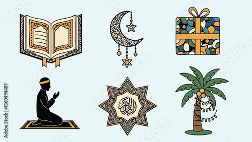 Flat design vector art featuring man praying on carpet with quran book, crescent moon with star, star ornament, decorated palm tree, and gift box in soft muted colors