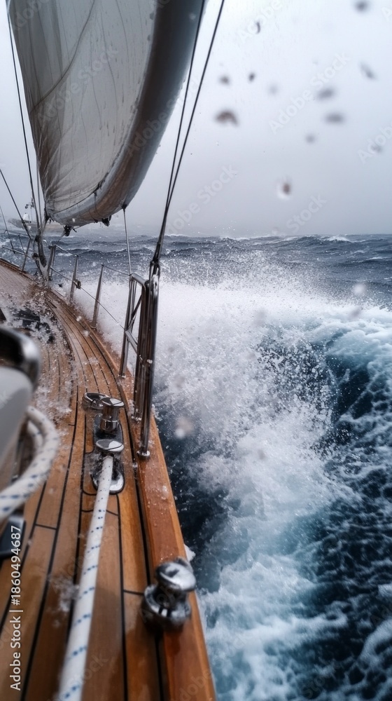 Obraz premium The stormy sea crashes against the side of the sailing ship, demonstrating the danger of the elements — a dramatic backdrop for articles on climate change or adventure films.