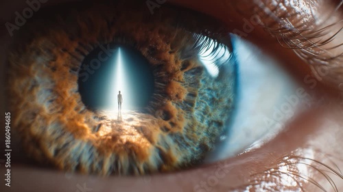 Human silhouette standing inside eye pupil concept of inner light and awareness