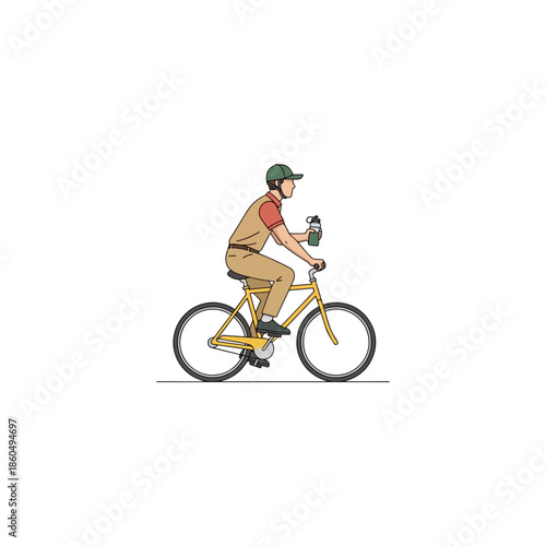 Man riding bicycle holding a bottle.