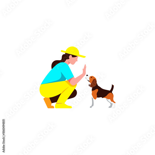 Woman in yellow hat and blue shirt crouching to pet a beagle dog, training and friendship concept