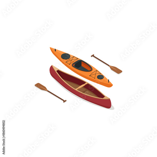 Vector illustration of an orange kayak and a red canoe with paddles on a white background, isometric view