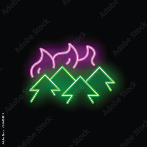 Neon sign representing a forest fire burning wildfire with bright flames