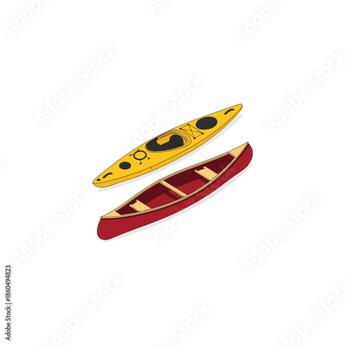Yellow kayak and red canoe side by side, water sports equipment, outdoor recreation vessels