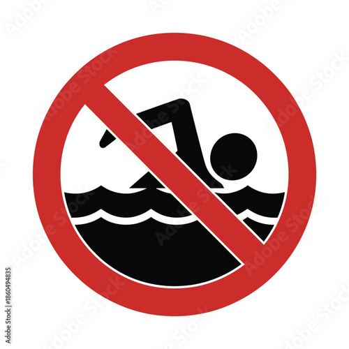 No swimming prohibition symbol in water with waves red circle cross sign silhouette