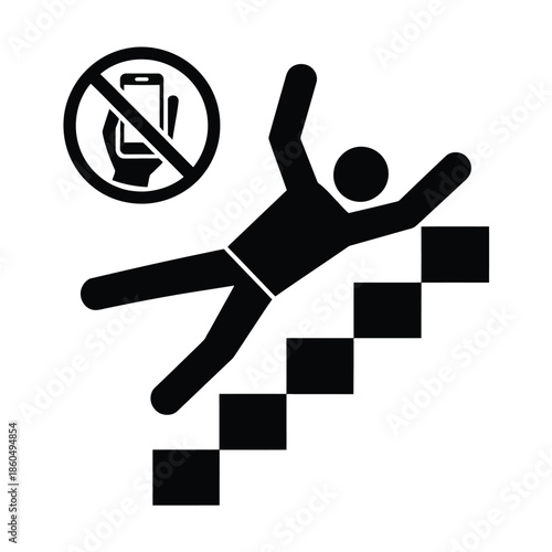 Danger of falling down stairs while using mobile phone prohibition symbol warning icon silhouette