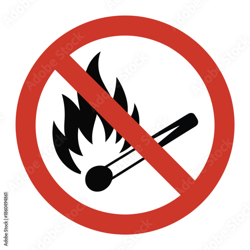 No fire prohibition symbol burning matchstick red circle cross sign warning icon
