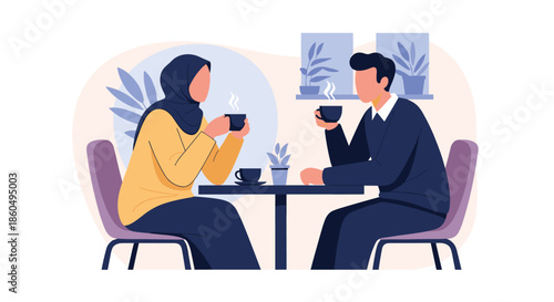 Muslim couple sits at a cafe table and enjoys hot drinks together in a cozy and modern flat style illustration.