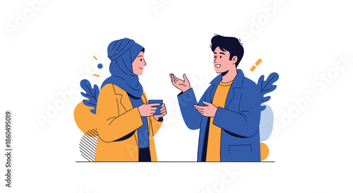Two friends including a woman in a blue hijab are having a friendly conversation while holding coffee cups.