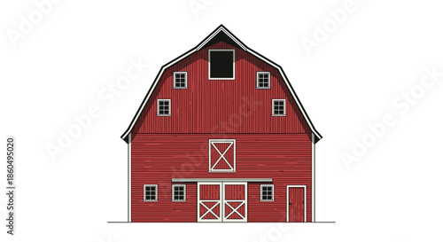 Large traditional red farm barn with a gambrel roof and multiple windows is shown in a clean flat illustration.