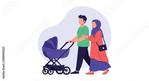 Young couple with a mother in a hijab and a father walk together while pushing a blue baby stroller outdoors.