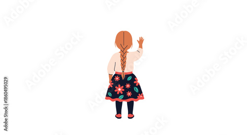 Back view of a young girl with a long blonde braid wearing a white shirt and a dark floral pattern skirt.