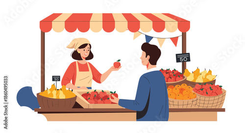 Outdoor market scene shows a vendor and a customer interacting over crates of fresh apples and pears for sale.