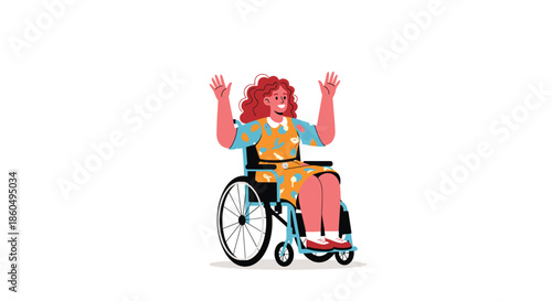 Happy woman with red curly hair sitting in a wheelchair raises her arms with a big smile on a white background.