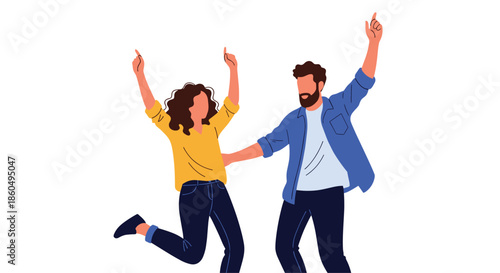 Excited young man and woman are jumping and dancing with pure joy and happiness in a flat style illustration.