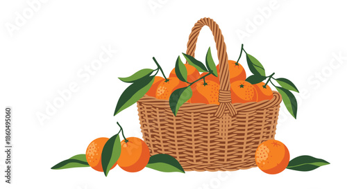 Traditional wicker basket is filled to the brim with ripe oranges that still have their green leaves attached.