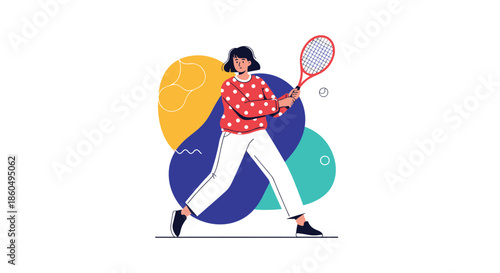 Active young woman playing tennis on a vibrant abstract background showcasing movement and sportsmanship in a modern illustration style.