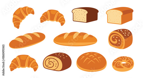 Assorted collection of freshly baked bread and delicious pastries featuring croissants, loaves, and buns in a flat vector style.