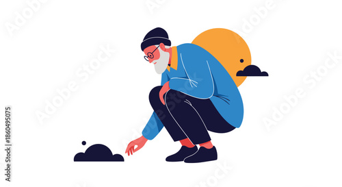 Elderly man with a beard and glasses squatting to examine something on the ground against a minimalist yellow sun background in vector art.