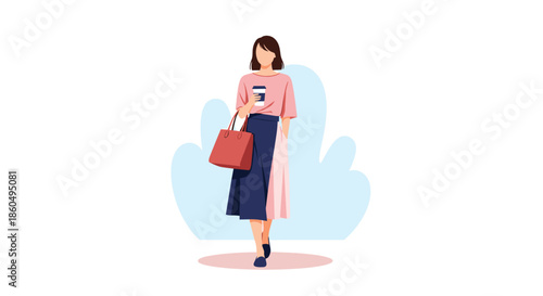 Fashionable young woman walking confidently while carrying a red handbag and a cup of coffee in a trendy modern flat vector illustration.