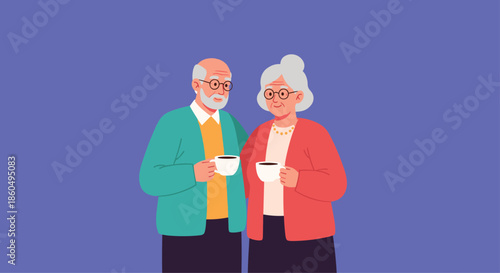 Loving senior couple standing together and enjoying a warm cup of coffee on a solid purple background in a sweet flat vector illustration.
