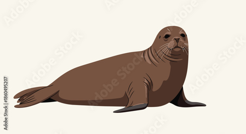 Brown seal rests on a light background, showcasing its sleek body and friendly whiskers in a minimalist artistic style.